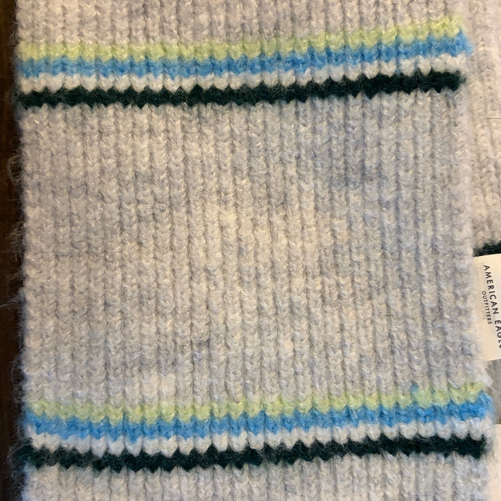 American Eagle NWT Gray Striped-light navy blue/white/green-Knit Scarf w/Fringe - Picture 5 of 5